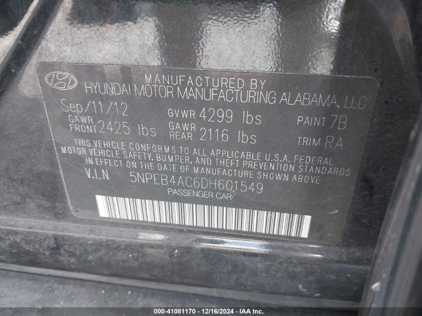 VIN 5NPEB4AC6DH601549 2013 HYUNDAI SONATA no.9