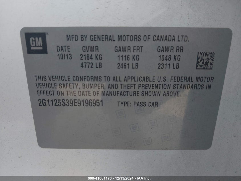 2014 CHEVROLET IMPALA VIN: 2G1125S39E9196951