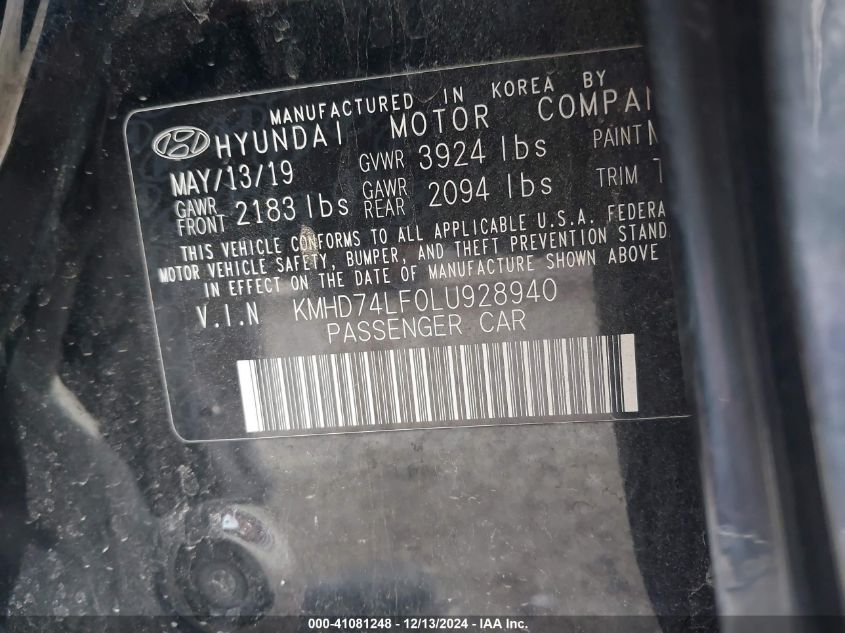 VIN KMHD74LF0LU928940 2020 Hyundai Elantra, SE no.9