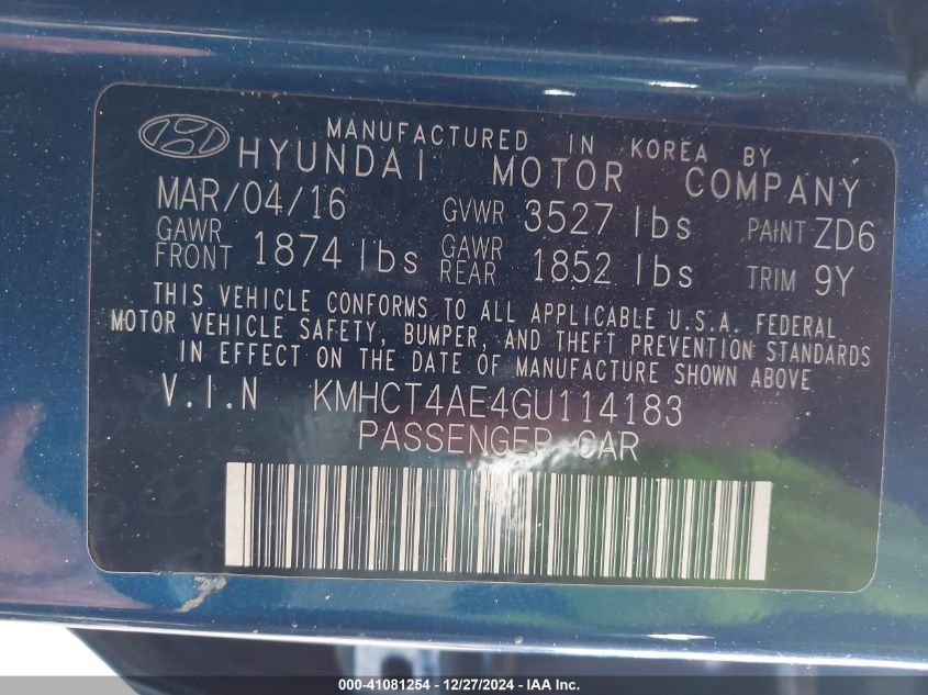 VIN KMHCT4AE4GU114183 2016 Hyundai Accent, SE no.9