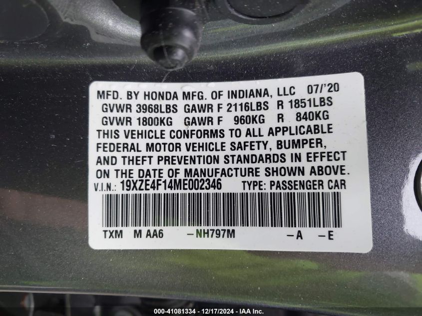 2021 Honda Insight Lx VIN: 19XZE4F14ME002346 Lot: 41081334