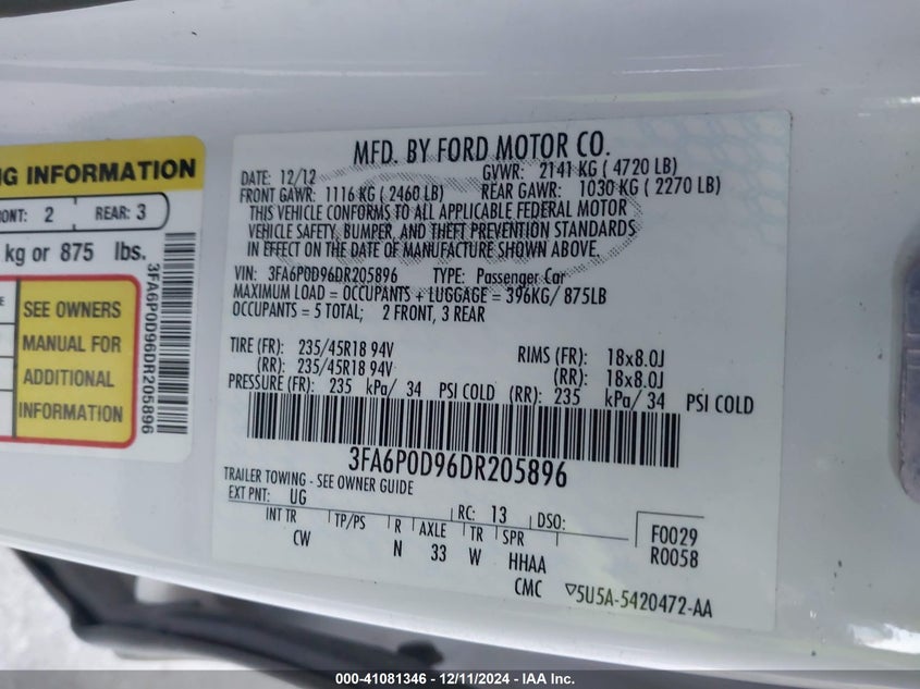 2013 FORD FUSION VIN: 3FA6P0D96DR205896