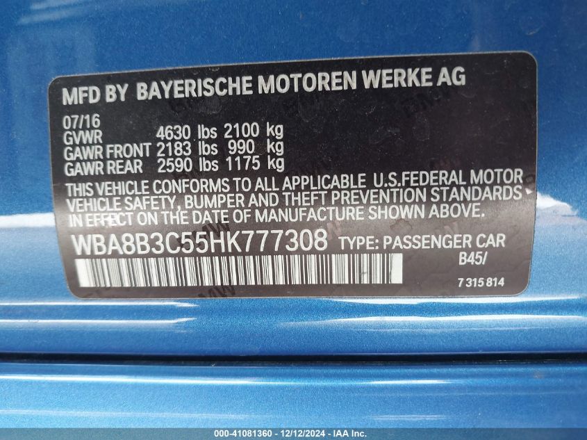 VIN WBA8B3C55HK777308 2017 BMW 340I no.9