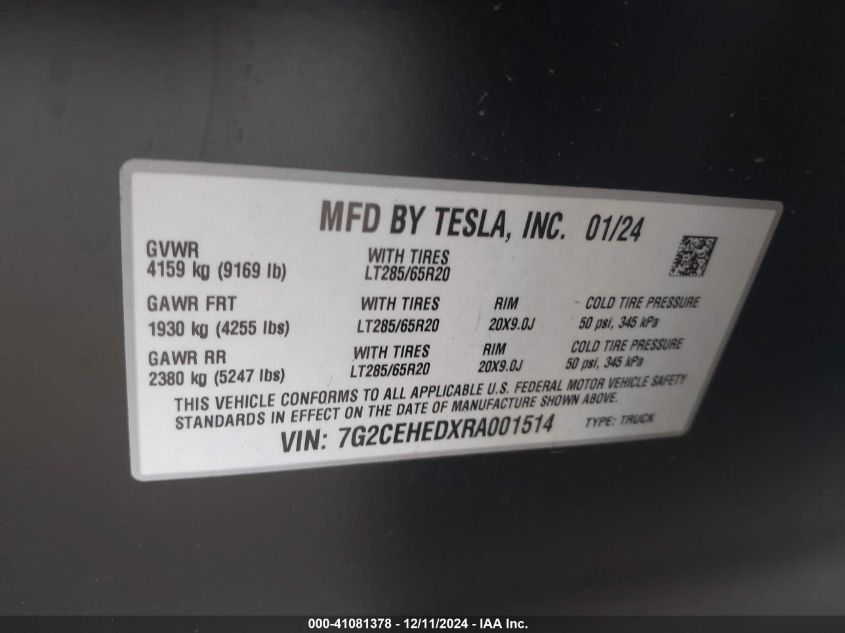 2024 Tesla Cybertruck All-Wheel Drive VIN: 7G2CEHEDXRA001514 Lot: 41081378