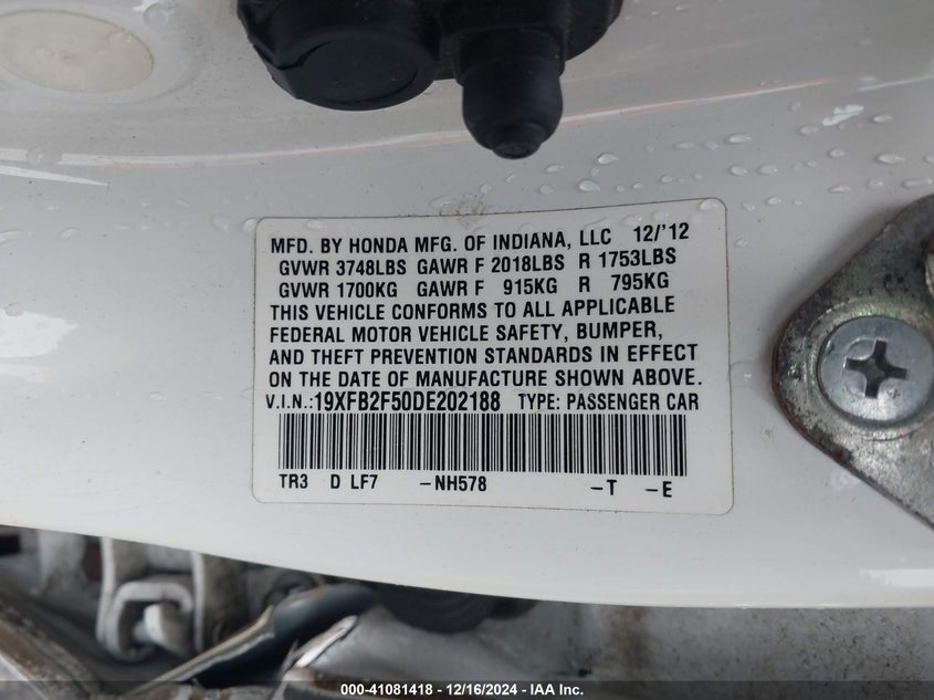 2013 HONDA CIVIC VIN: 19XFB2F50DE202188