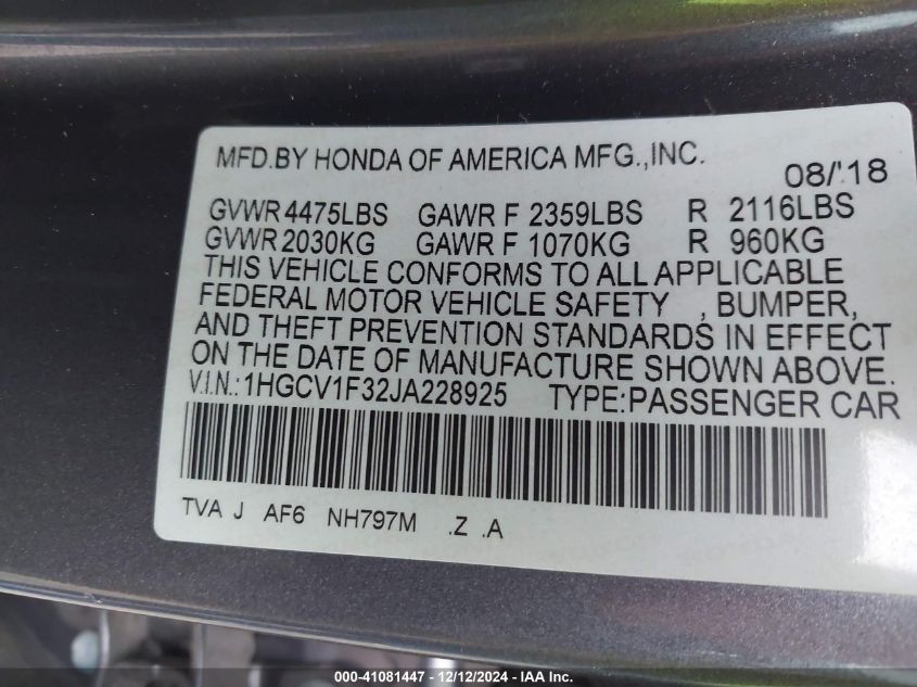 VIN 1HGCV1F32JA228925 2018 HONDA ACCORD no.9