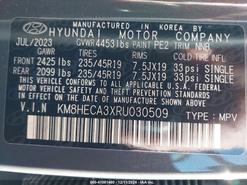 2024 Hyundai Kona Limited VIN: KM8HECA3XRU030509 Lot: 41081460