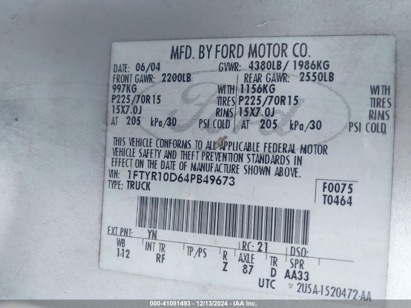 2004 Ford Ranger Xl/Xlt VIN: 1FTYR10D64PB49673 Lot: 41081493
