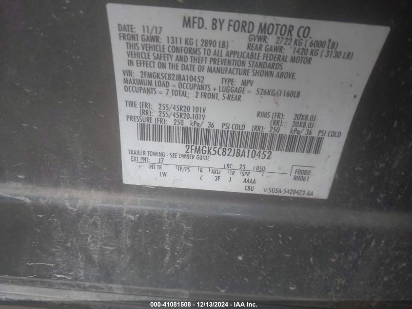 VIN 2FMGK5C82JBA10452 2018 FORD FLEX no.9