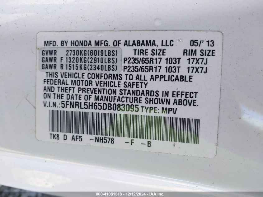 VIN 5FNRL5H65DB083095 2013 Honda Odyssey, Ex-L no.9