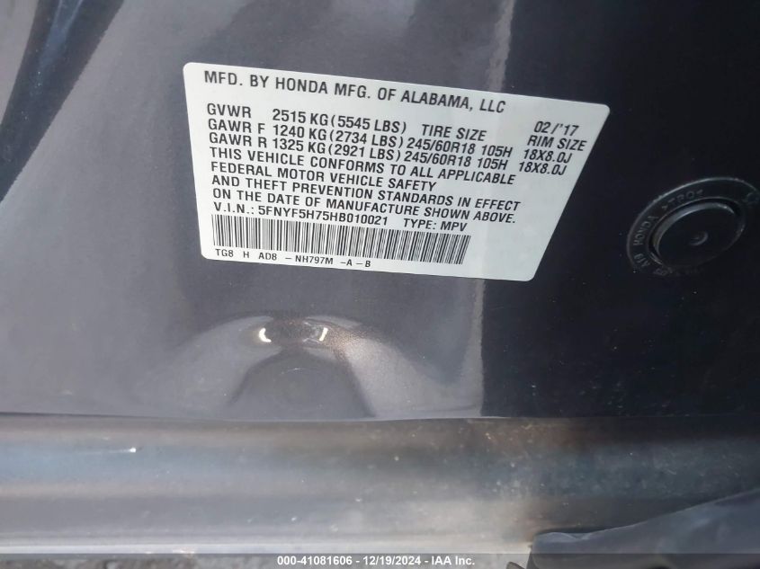 VIN 5FNYF5H75HB010021 2017 HONDA PILOT no.9