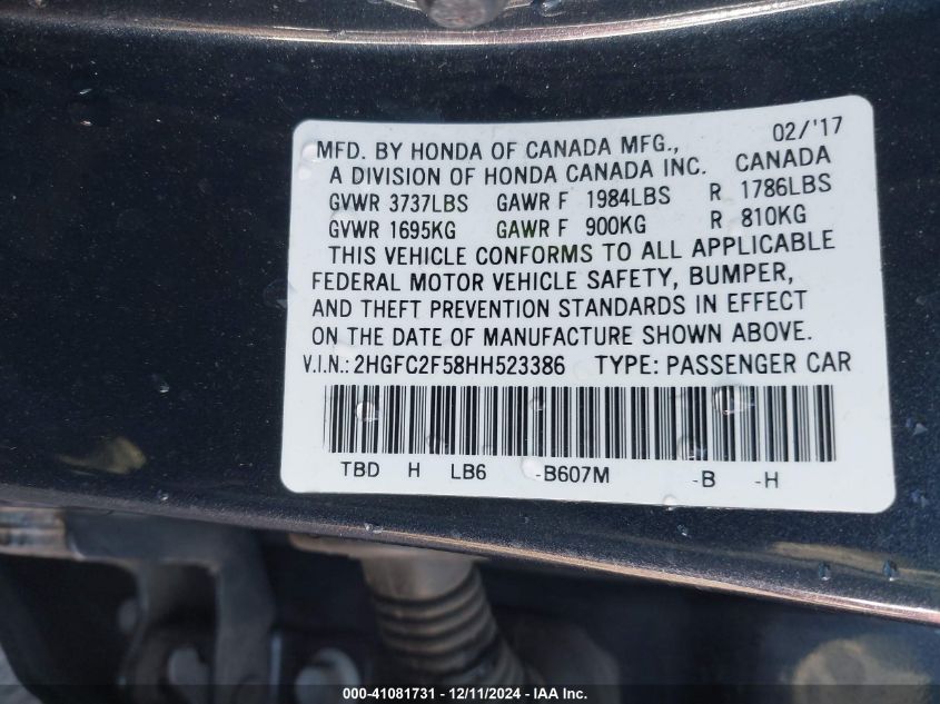 VIN 2HGFC2F58HH523386 2017 HONDA CIVIC no.9