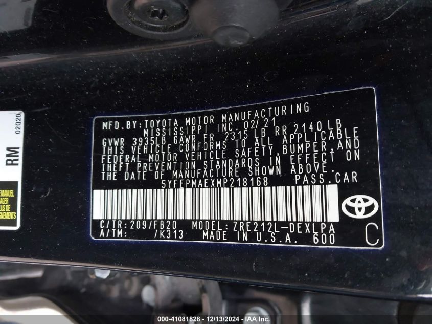 VIN 5YFEPMAEXMP218168 2021 Toyota Corolla, LE no.9