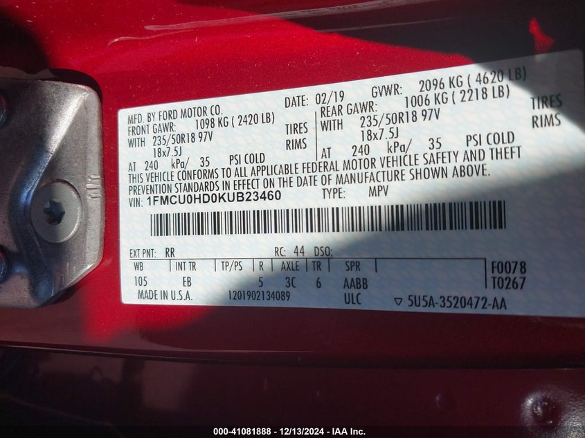 VIN 1FMCU0HD0KUB23460 2019 FORD ESCAPE SEL