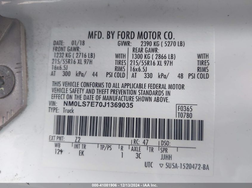 VIN NM0LS7E70J1369035 2018 Ford Transit, Connect XL no.9