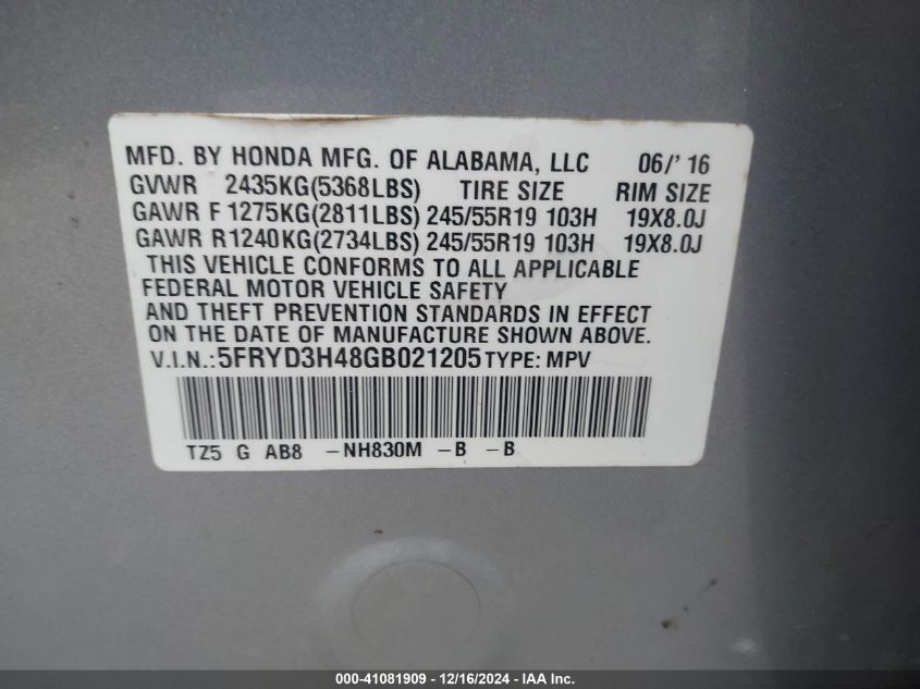 VIN 5FRYD3H48GB021205 2016 ACURA MDX no.9