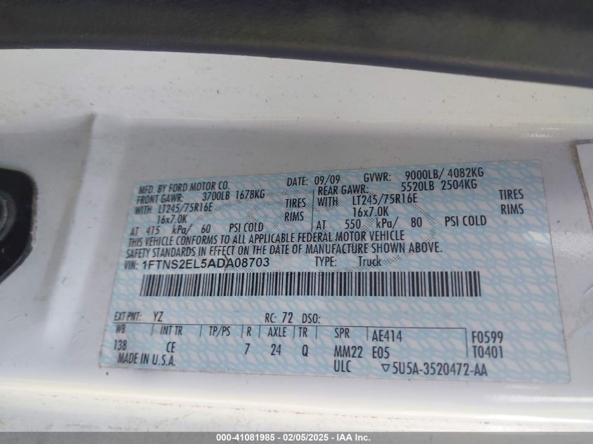 2010 Ford E-250 Commercial/Recreational VIN: 1FTNS2EL5ADA08703 Lot: 41081985