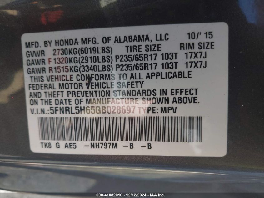 VIN 5FNRL5H65GB028697 2016 Honda Odyssey, Ex-L no.9