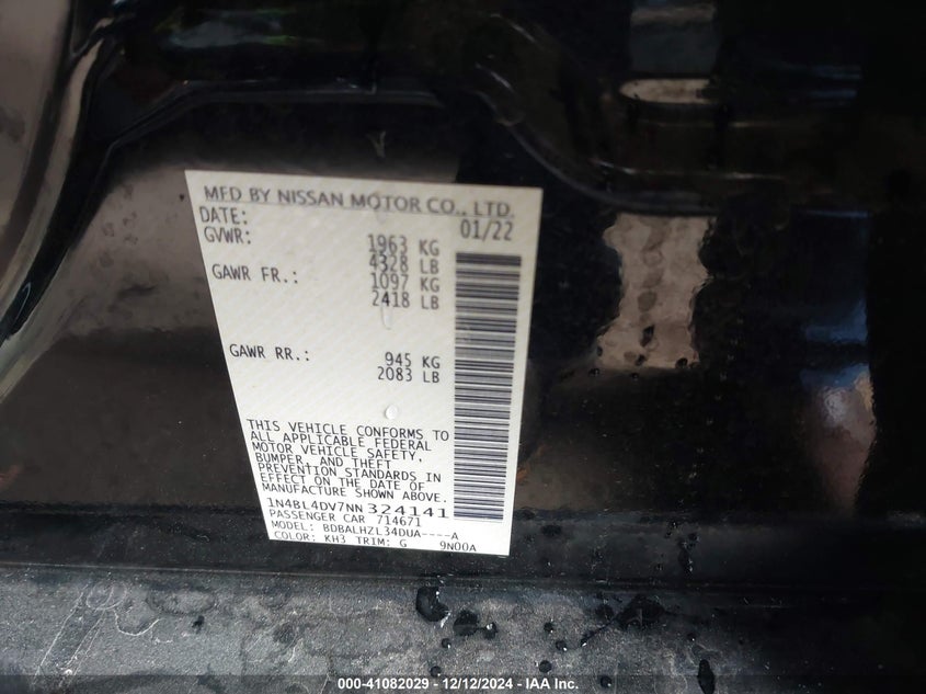 2022 NISSAN ALTIMA VIN: 1N4BL4DV7NN324141