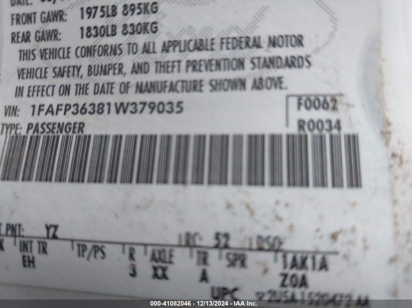 2001 Ford Focus Se VIN: 1FAFP36381W379035 Lot: 41082046