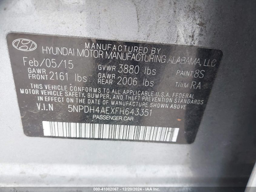 VIN 5NPDH4AEXFH643351 2015 Hyundai Elantra, SE no.9