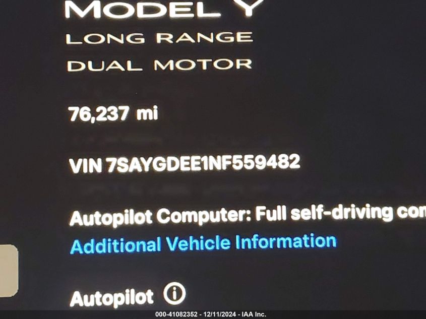 2022 Tesla Model Y Long Range Dual Motor All-Wheel Drive VIN: 7SAYGDEE1NF559482 Lot: 41082352