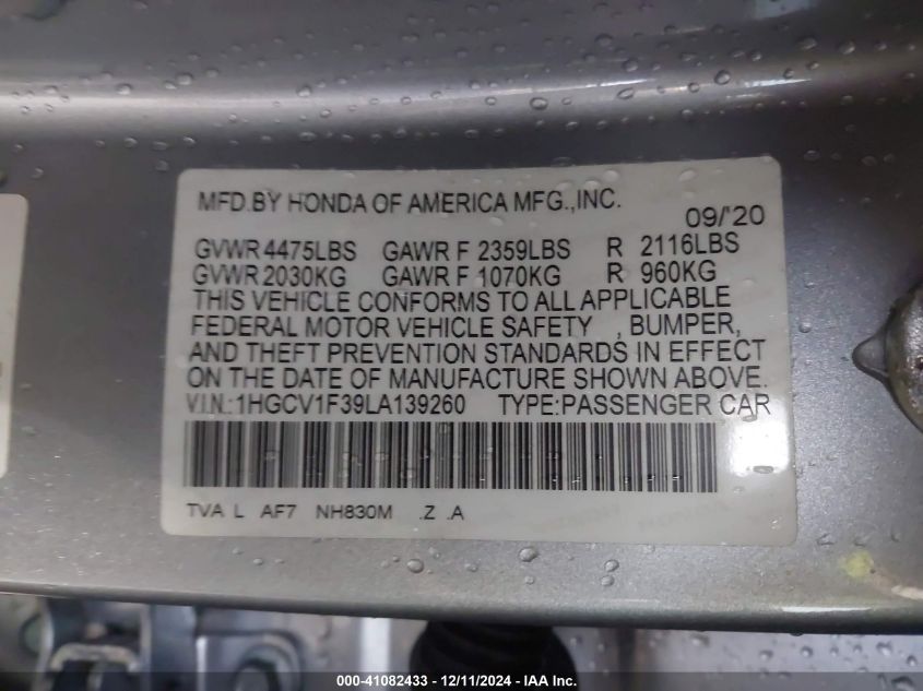 VIN 1HGCV1F39LA139260 2020 HONDA ACCORD no.9