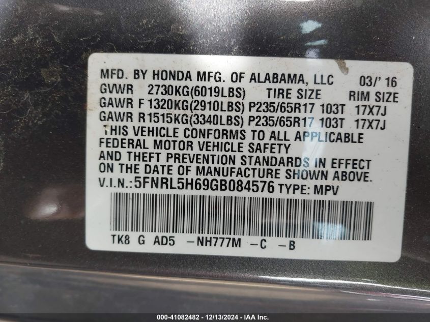 VIN 5FNRL5H69GB084576 2016 HONDA ODYSSEY no.9