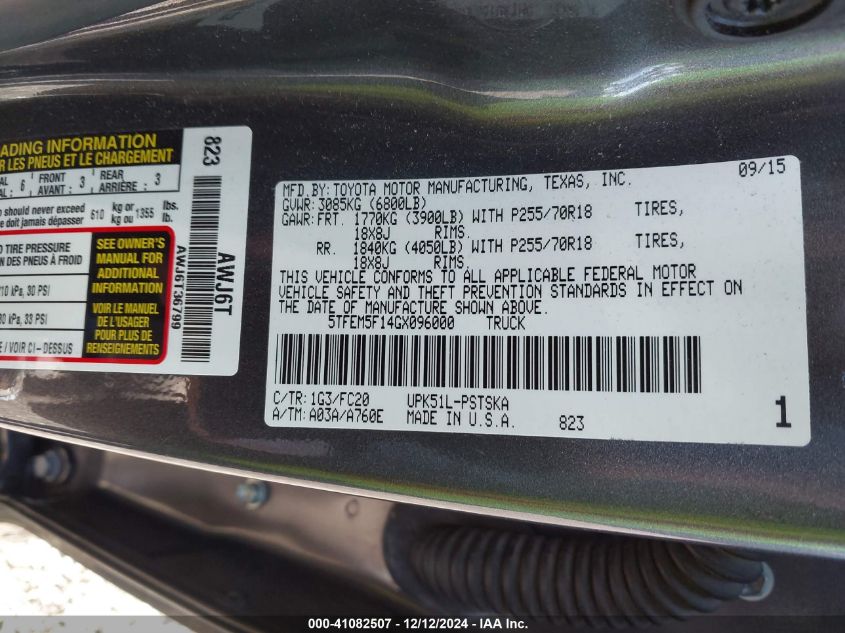 VIN 5TFEM5F14GX096000 2016 Toyota Tundra, Sr5 4.6L V8 no.9