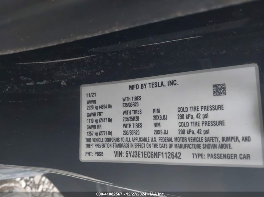 VIN 5YJ3E1EC6NF112642 2022 TESLA MODEL 3 no.8