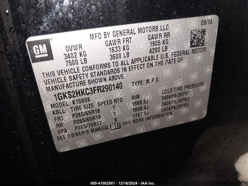 VIN 1GKS2HKC3FR290140 2015 GMC YUKON XL 1500 no.9