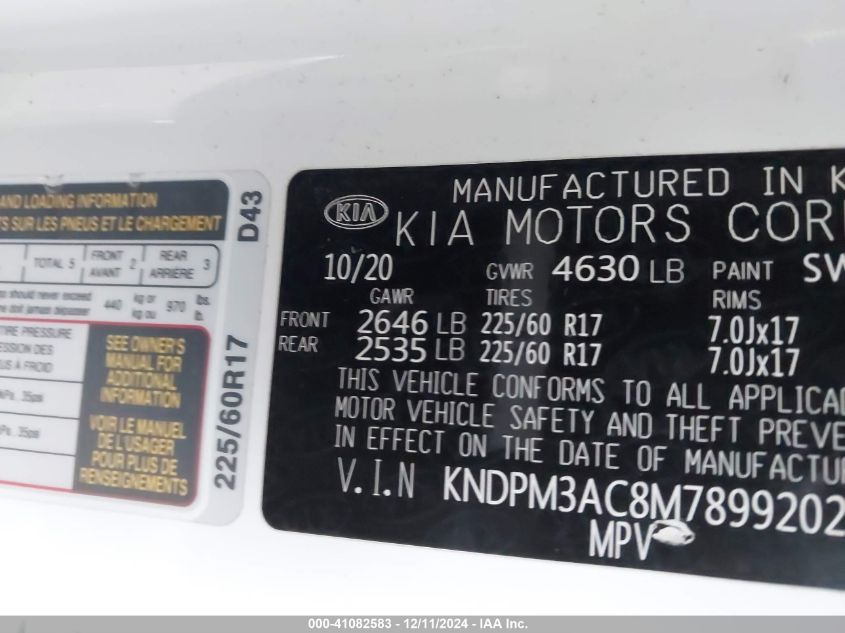 2021 Kia Sportage Lx VIN: KNDPM3AC8M7899202 Lot: 41082583