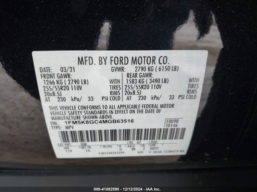 2021 Ford Explorer St VIN: 1FM5K8GC4MGB63516 Lot: 41082598