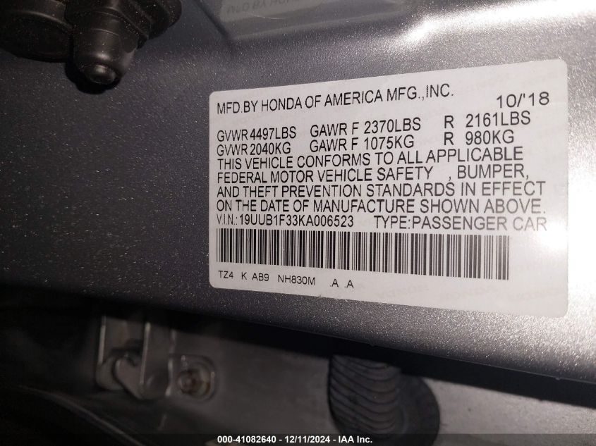 VIN 19UUB1F33KA006523 2019 Acura TLX, Standard no.9