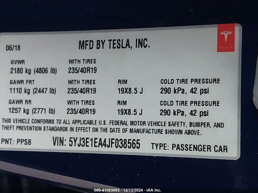 2018 Tesla Model 3 Long Range/Mid Range VIN: 5YJ3E1EA4JF038565 Lot: 41083003