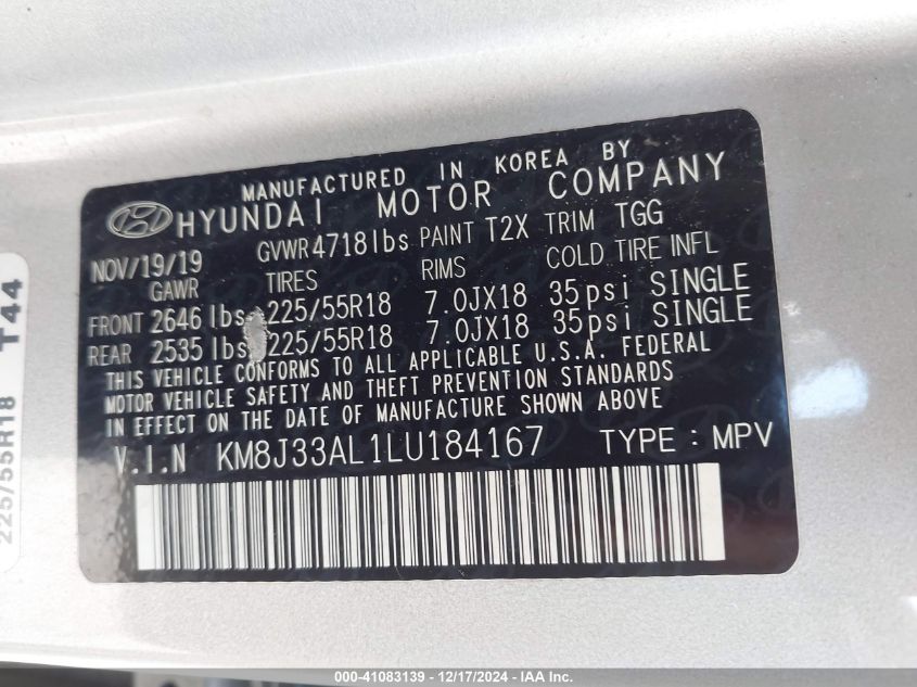 VIN KM8J33AL1LU184167 2020 Hyundai Tucson, Sel no.9