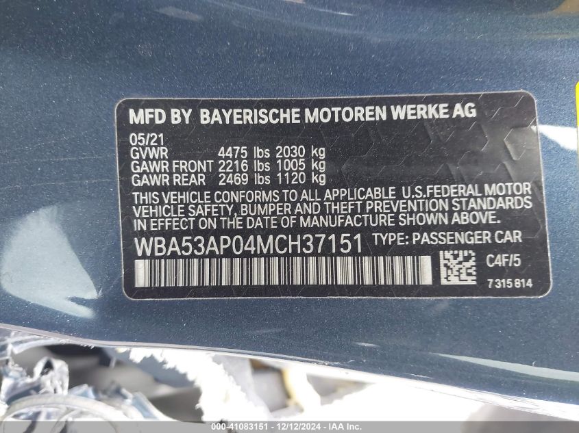 VIN WBA53AP04MCH37151 2021 BMW 4 Series, 430I no.9