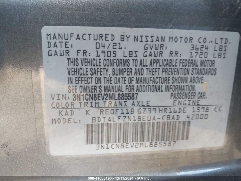 VIN 3N1CN8EV2ML885587 2021 NISSAN VERSA no.9