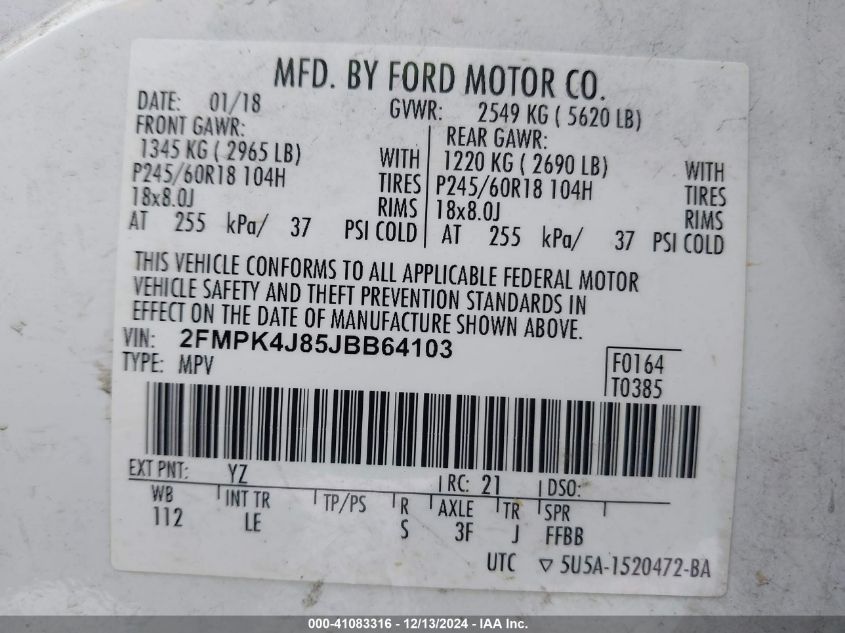 VIN 2FMPK4J85JBB64103 2018 Ford Edge, Sel no.9