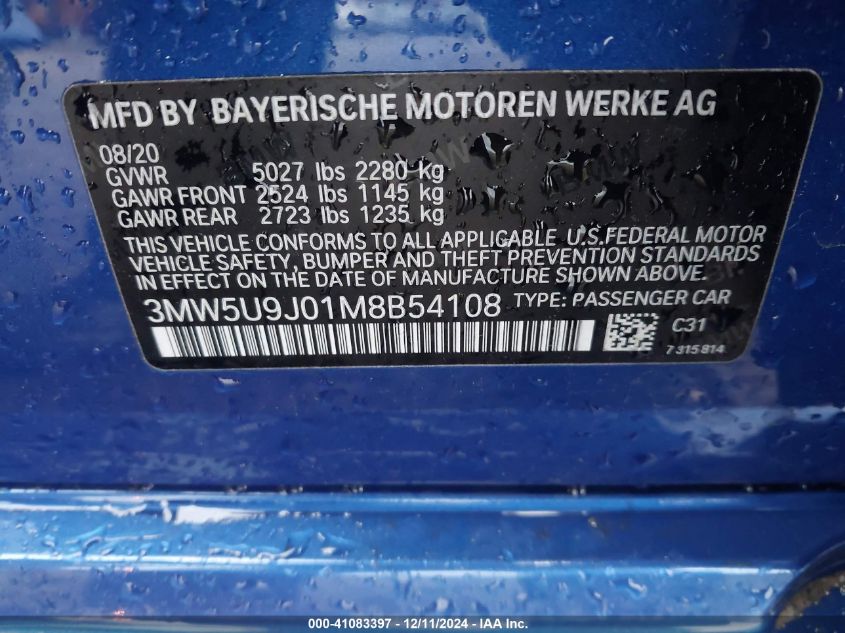 VIN 3MW5U9J01M8B54108 2021 BMW 3 Series, M340I Xdrive no.9