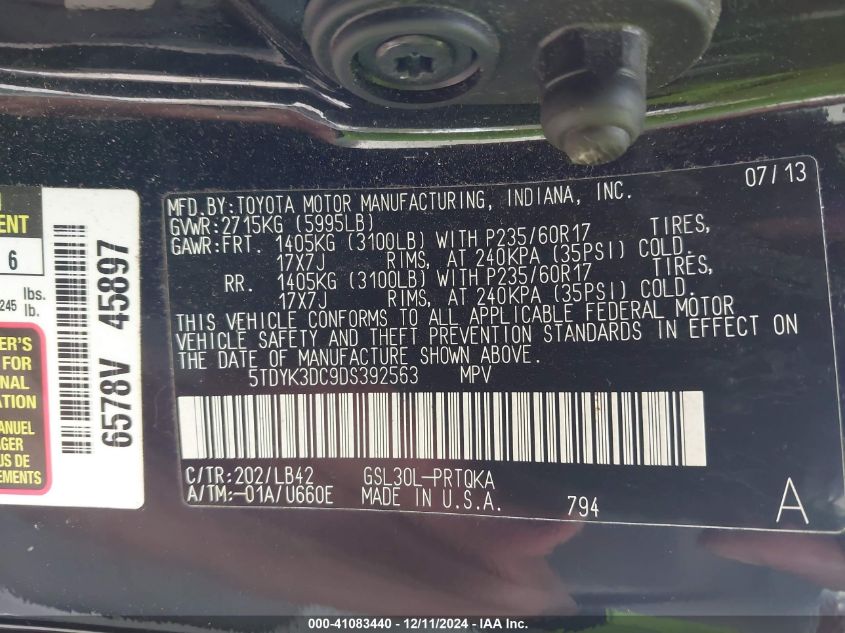 VIN 5TDYK3DC9DS392563 2013 Toyota Sienna, Xle V6 8... no.9