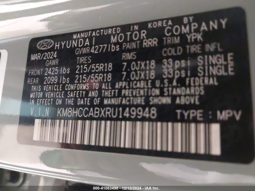 2024 Hyundai Kona Sel VIN: KM8HCCABXRU149948 Lot: 41083498