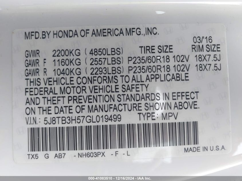 VIN 5J8TB3H57GL019499 2016 Acura RDX, Technology... no.9