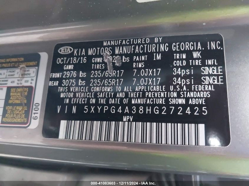 2017 KIA SORENTO 2.4L LX - 5XYPG4A38HG272425