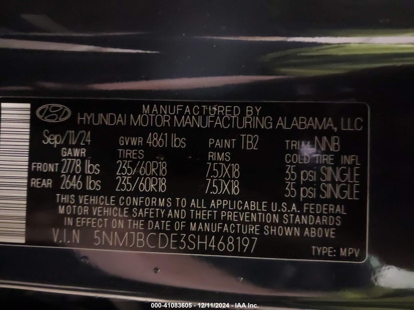 2025 HYUNDAI TUCSON 2.5L I-4 DI, DOHC, V(VIN: 5NMJBCDE3SH468197