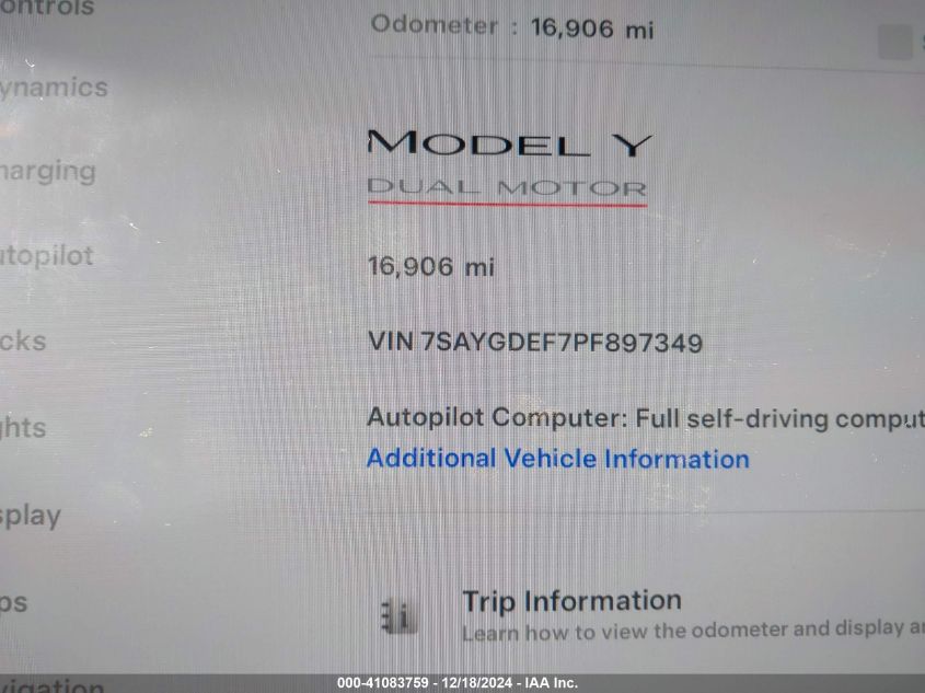 2023 Tesla Model Y Performance Dual Motor All-Wheel Drive VIN: 7SAYGDEF7PF897349 Lot: 41083759