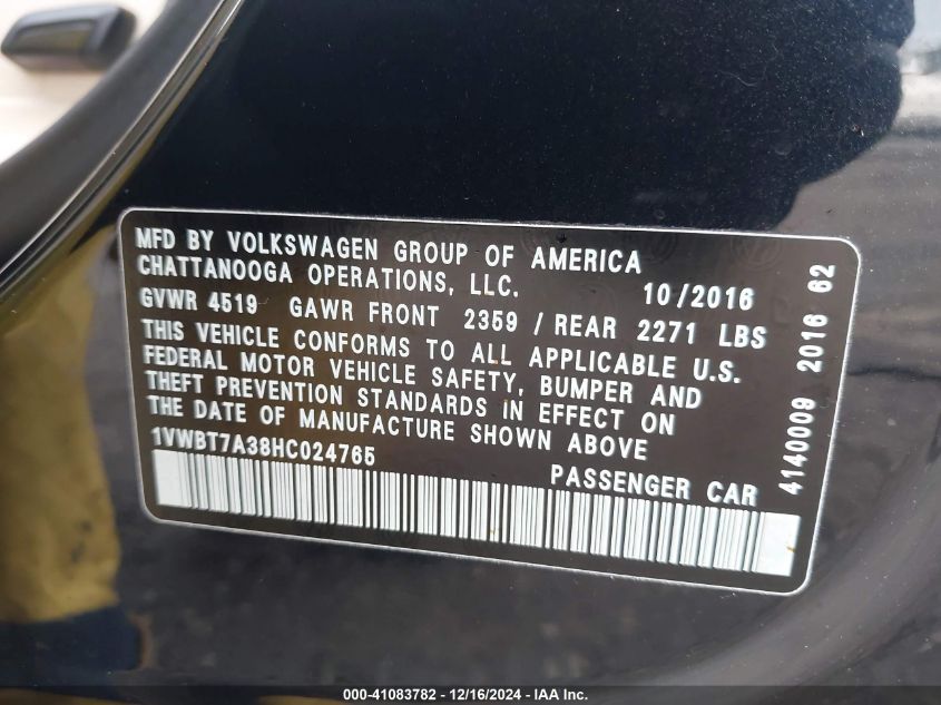 VIN 1VWBT7A38HC024765 2017 Volkswagen Passat, 1.8T Se no.9