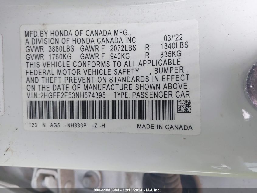 VIN 2HGFE2F53NH574395 2022 Honda Civic, Sport no.9