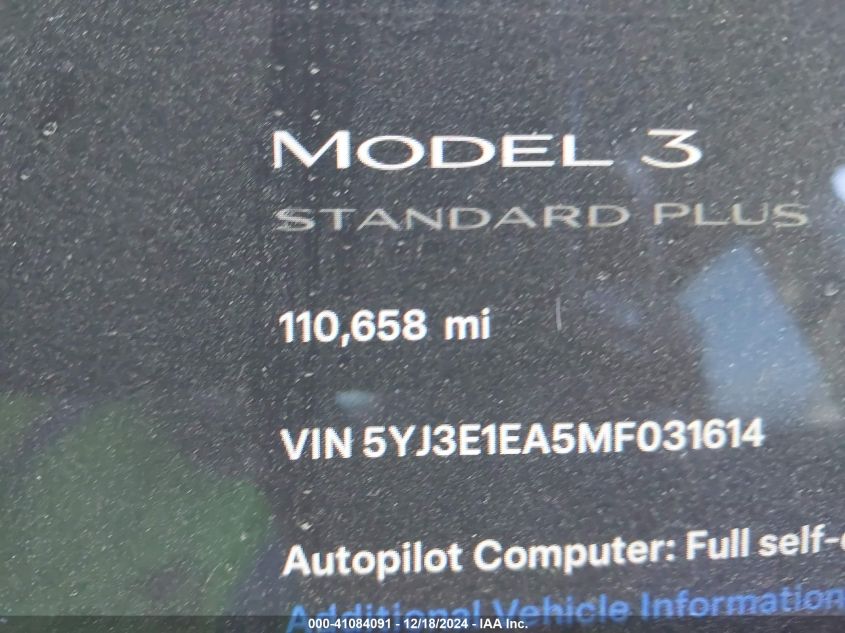 2021 Tesla Model 3 Standard Range Plus Rear-Wheel Drive VIN: 5YJ3E1EA5MF031614 Lot: 41084091