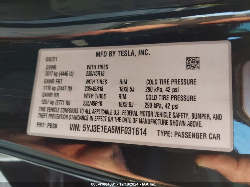 2021 Tesla Model 3 Standard Range Plus Rear-Wheel Drive VIN: 5YJ3E1EA5MF031614 Lot: 41084091